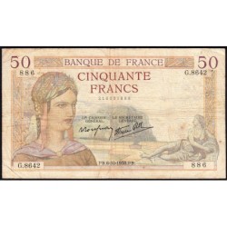 F 18-15 - 06/10/1938 - 50 francs - Cérès modifié - Série G.8642 - Etat : TB-