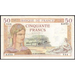 F 18-16 - 20/10/1938 - 50 francs - Cérès modifié - Série H.8761 - Etat : TTB+