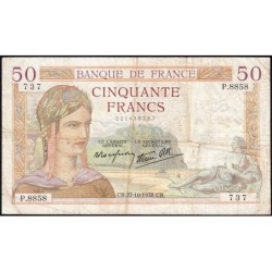 F 18-17 - 27/10/1938 - 50 francs - Cérès modifié - Série P.8858 - Etat : TB-