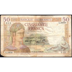 F 18-17 - 27/10/1938 - 50 francs - Cérès modifié - Série E.8908 - Etat : B