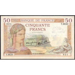 F 18-15 - 06/10/1938 - 50 francs - Cérès modifié - Série T.8630 - Etat : SUP