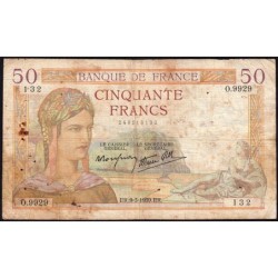 F 18-23 - 09/03/1939 - 50 francs - Cérès modifié - Série O.9929 - Etat : B