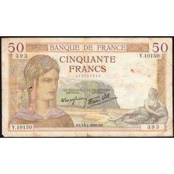 F 18-25 - 13/04/1939 - 50 francs - Cérès modifié - Série Y.10150 - Etat : TB-