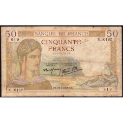 F 18-25 - 13/04/1939 - 50 francs - Cérès modifié - Série N.10162 - Etat : B+
