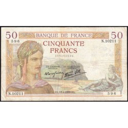 F 18-25 - 13/04/1939 - 50 francs - Cérès modifié - Série N.10211 - Etat : TB+