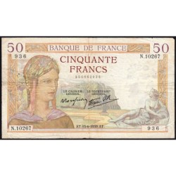 F 18-26 - 15/06/1939 - 50 francs - Cérès modifié - Série N.10267 - Etat : TB+