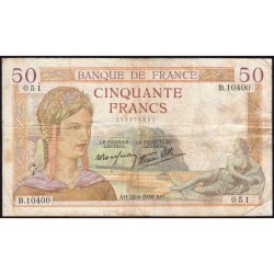 F 18-27 - 22/06/1939 - 50 francs - Cérès modifié - Série B.10400 - Etat : TB-