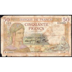 F 18-28 - 13/07/1939 - 50 francs - Cérès modifié - Série B.10662 - Etat : B-