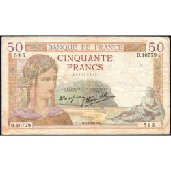 F 18-29 - 10/08/1939 - 50 francs - Cérès modifié - Série B.10779 - Etat : TB