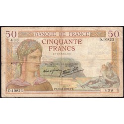 F 18-29 - 10/08/1939 - 50 francs - Cérès modifié - Série D.10823 - Etat : TB-