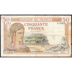 F 18-30 - 14/09/1939 - 50 francs - Cérès modifié - Série E.10938 - Etat : TB