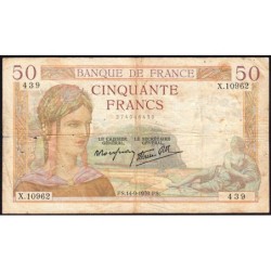 F 18-30 - 14/09/1939 - 50 francs - Cérès modifié - Série X.10962 - Etat : TB-