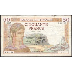 F 18-32 - 28/09/1939 - 50 francs - Cérès modifié - Série E.11116 - Etat : TB+