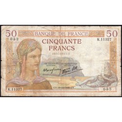 F 18-33 - 19/10/1939 - 50 francs - Cérès modifié - Série K.11327 - Etat : B