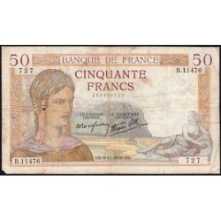 F 18-34 - 09/11/1939 - 50 francs - Cérès modifié - Série B.11476 - Etat : TB-