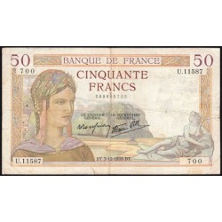 F 18-35 - 07/12/1939 - 50 francs - Cérès modifié - Série U.11587 - Etat : B+