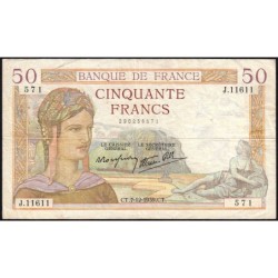 F 18-35 - 07/12/1939 - 50 francs - Cérès modifié - Série J.11611 - Etat : TB+