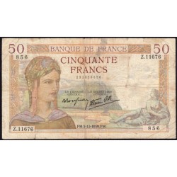 F 18-35 - 07/12/1939 - 50 francs - Cérès modifié - Série U.11676 - Etat : B+