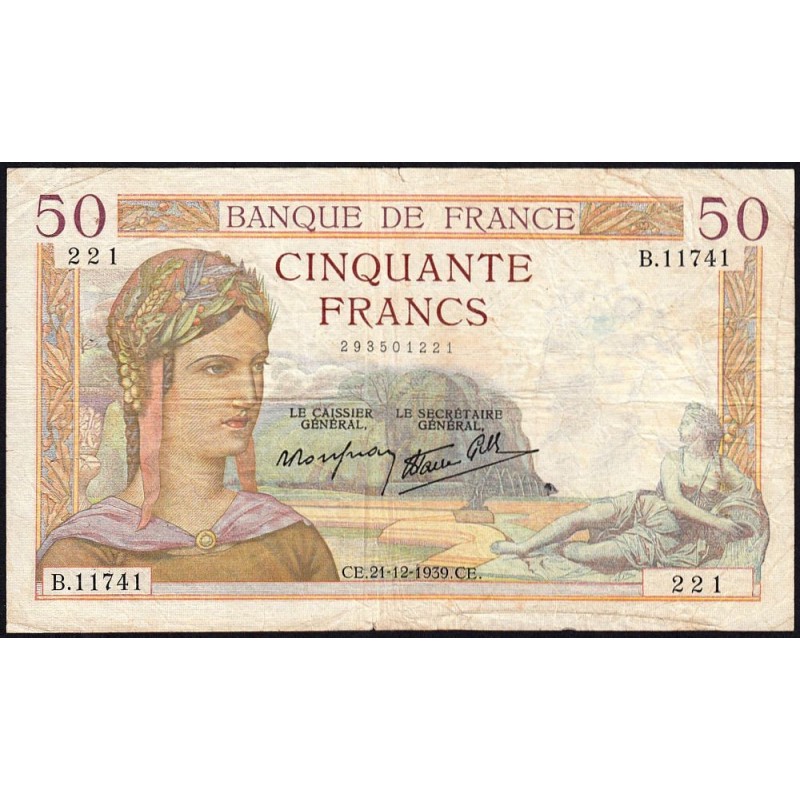 F 18-36 - 21/12/1939 - 50 francs - Cérès modifié - Série B.11741 - Etat : TB