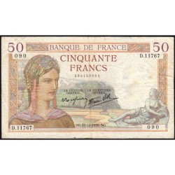 F 18-36 - 21/12/1939 - 50 francs - Cérès modifié - Série D.11767 - Etat : TB