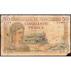 F 18-37 - 11/01/1940 - 50 francs - Cérès modifié - Série T.11932 - Etat : B-