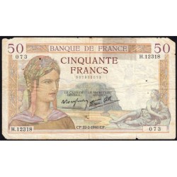 F 18-39 - 22/02/1940 - 50 francs - Cérès modifié - Série H.12318 - Etat : B