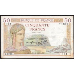 F 18-39 - 22/02/1940 - 50 francs - Cérès modifié - Série V.12334 - Etat : TB+