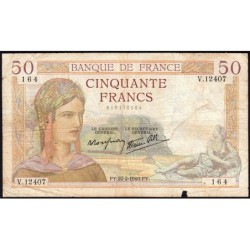 F 18-39 - 22/02/1940 - 50 francs - Cérès modifié - Série V.12407 - Etat : B+