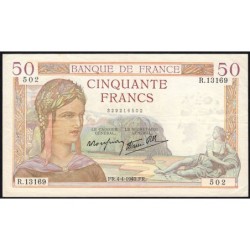 F 18-42 - 04/04/1940 - 50 francs - Cérès modifié - Série R.13169 - Etat : SUP-