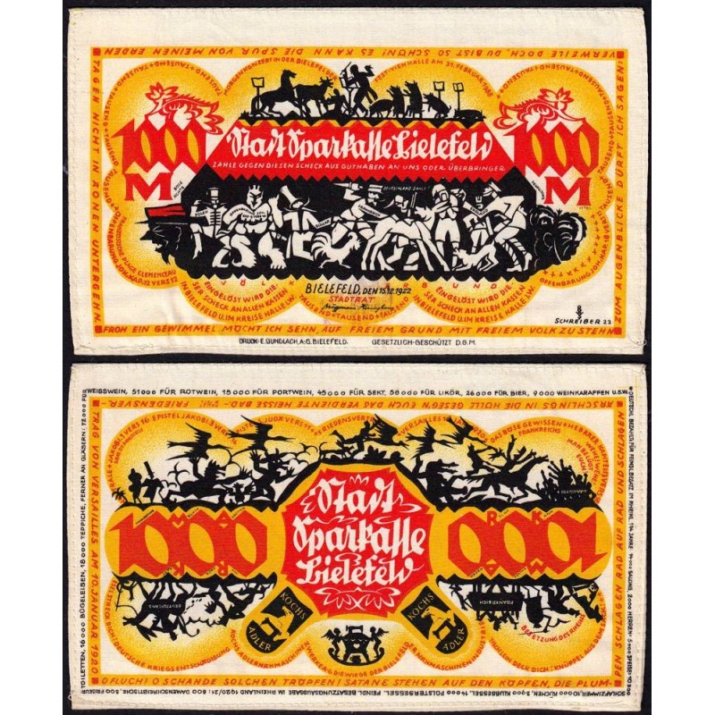 Allemagne - Notgeld - Bielefeld - 1'000 mark - 15/12/1922 - Billet en lin - Etat : pr.NEUF