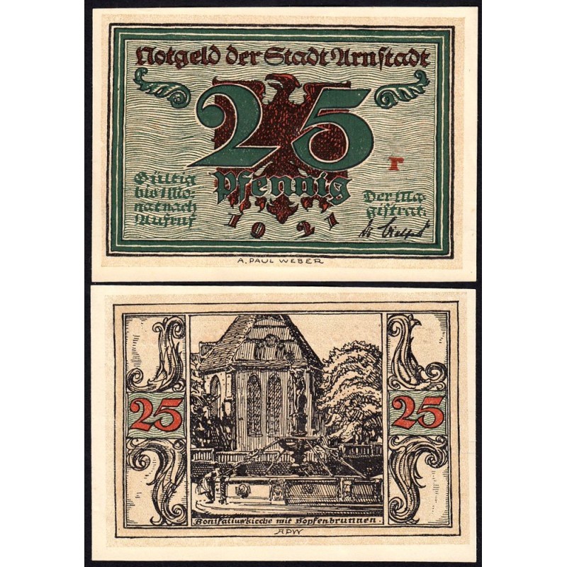 Allemagne - Notgeld - Arnstadt - 25 pfennig - Lettre r - 1921 - Etat : pr.NEUF