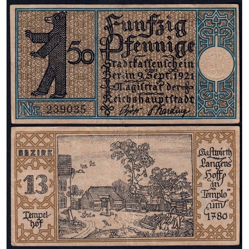 Allemagne - Notgeld - Berlin - 50 pfennig - Type 1/13 - 09/09/1921 - Etat : TTB