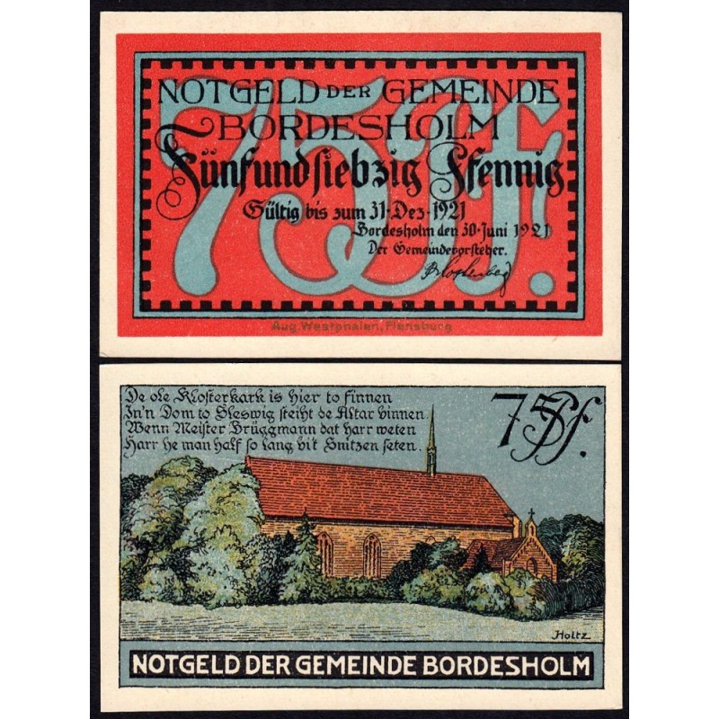 Allemagne - Notgeld - Bordesholm - 75 pfennig - Type 1 - 30/06/1921 - Etat : NEUF