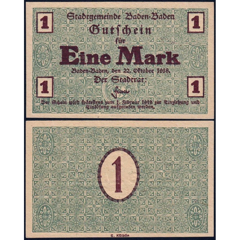 Allemagne - Notgeld - Baden-Baden - 1 mark - 22/10/1918 - Etat : NEUF