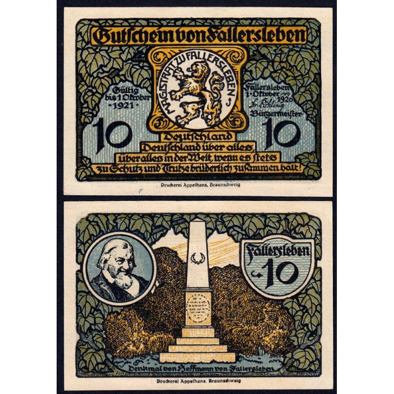 Allemagne - Notgeld - Fallersleben - 10 pfennig - 01/10/1920 - Etat : NEUF