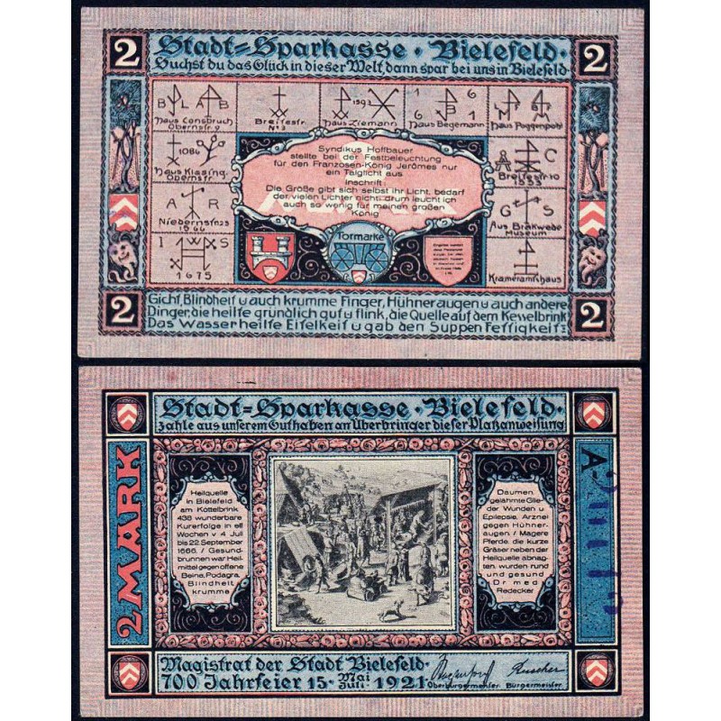 Allemagne - Notgeld - Bielefeld - 2 mark - Série A - Réf. b - 15/05/1921 - Etat : NEUF