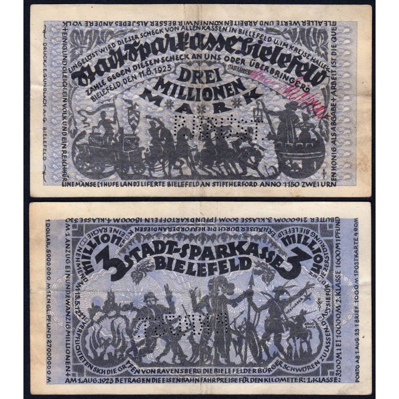 Allemagne - Notgeld - Bielefeld - 3 millions mark - 11/08/1923 - Etat : TTB