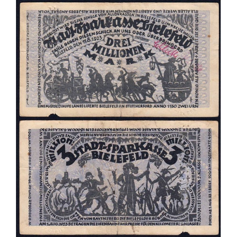 Allemagne - Notgeld - Bielefeld - 3 millions mark - 11/08/1923 - Etat : TB+