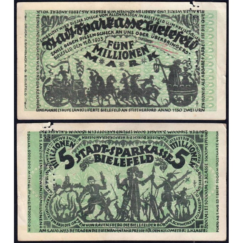 Allemagne - Notgeld - Bielefeld - 5 millions mark - 11/08/1923 - Etat : TB+