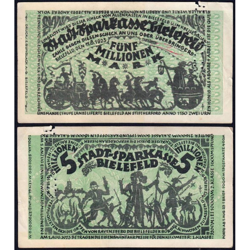 Allemagne - Notgeld - Bielefeld - 5 millions mark - 11/08/1923 - Etat : TTB+