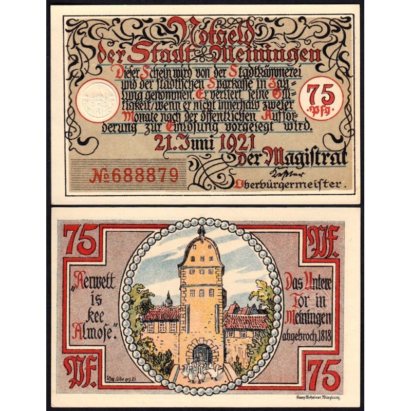 Allemagne - Notgeld - Meiningen - 75 pfennig - Type 1 - 21/06/1921 - Etat : NEUF