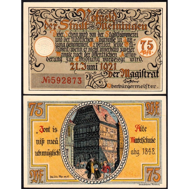 Allemagne - Notgeld - Meiningen - 75 pfennig - Type 2 - 21/06/1921 - Etat : NEUF