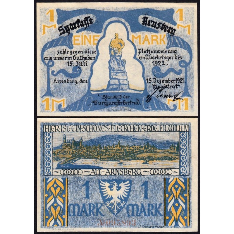 Allemagne - Notgeld - Arnsberg - 1 mark - 15/12/1921 - Etat : NEUF