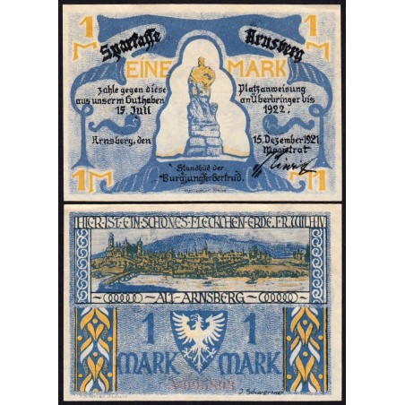 Allemagne - Notgeld - Arnsberg - 1 mark - 15/12/1921 - Etat : NEUF