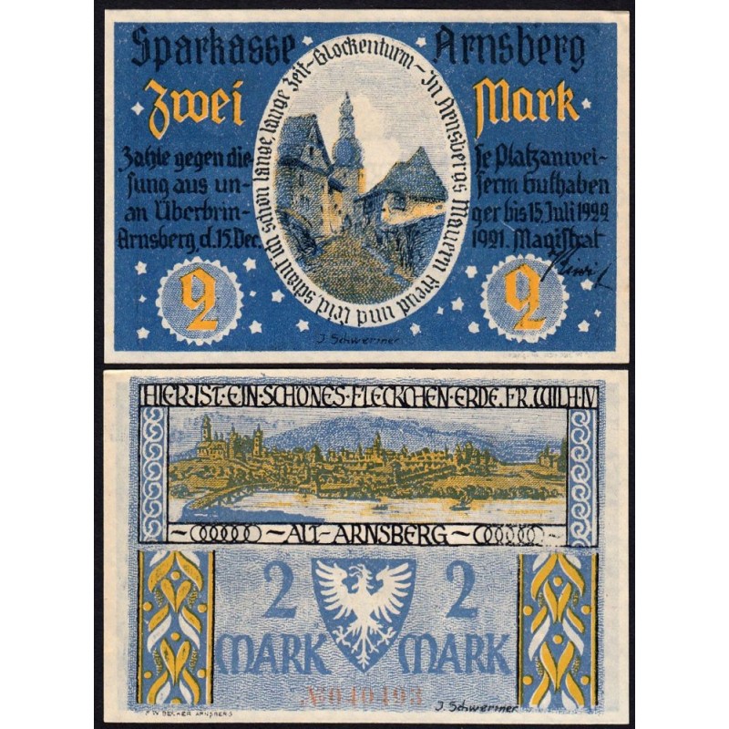 Allemagne - Notgeld - Arnsberg - 2 mark - 15/12/1921 - Etat : NEUF
