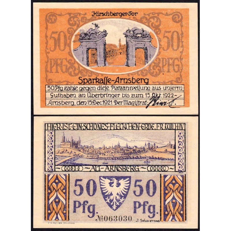 Allemagne - Notgeld - Arnsberg - 50 pfennig - 15/12/1921 - Etat : pr.NEUF