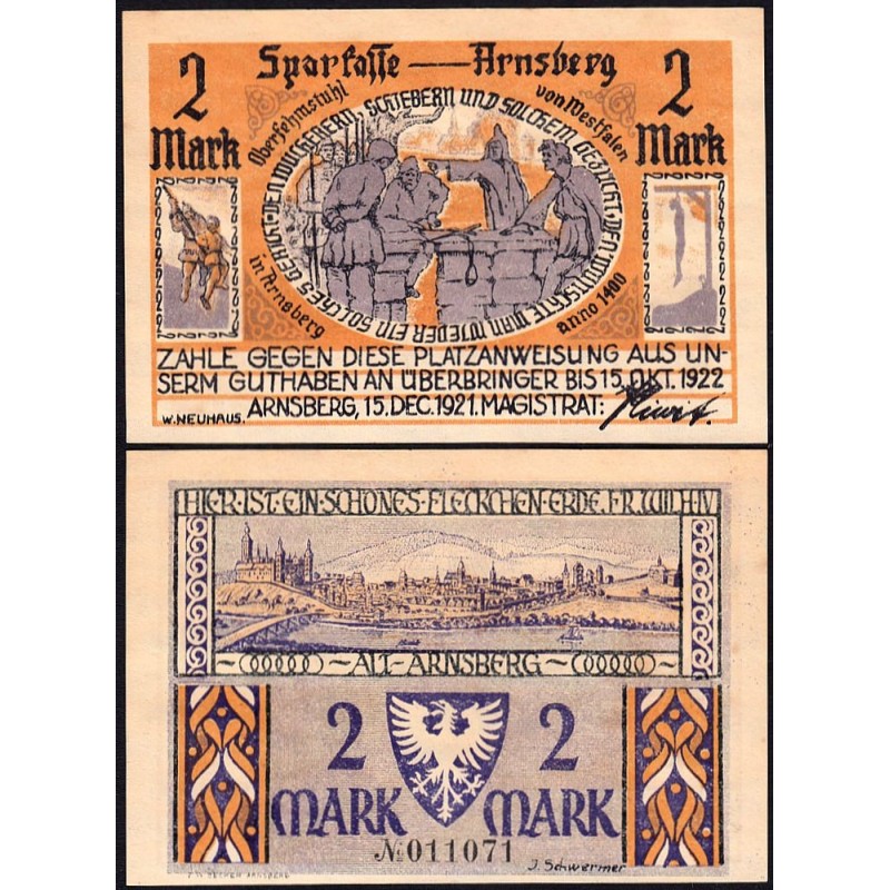 Allemagne - Notgeld - Arnsberg - 2 mark - 15/12/1921 - Etat : NEUF