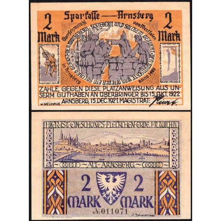 Allemagne - Notgeld - Arnsberg - 2 mark - 15/12/1921 - Etat : NEUF