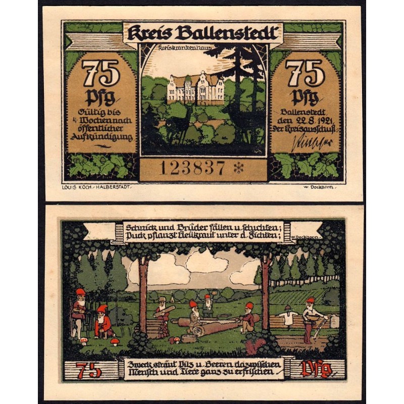 Allemagne - Notgeld - Ballenstedt-am-Harz - 75 pfennig - 22/08/1921 - Etat : NEUF
