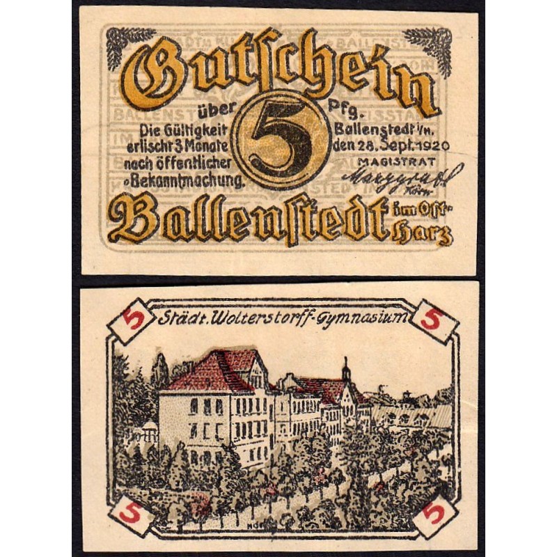 Allemagne - Notgeld - Ballenstedt-am-Harz - 5 pfennig - Type 2 - 28/09/1920 - Etat : SPL